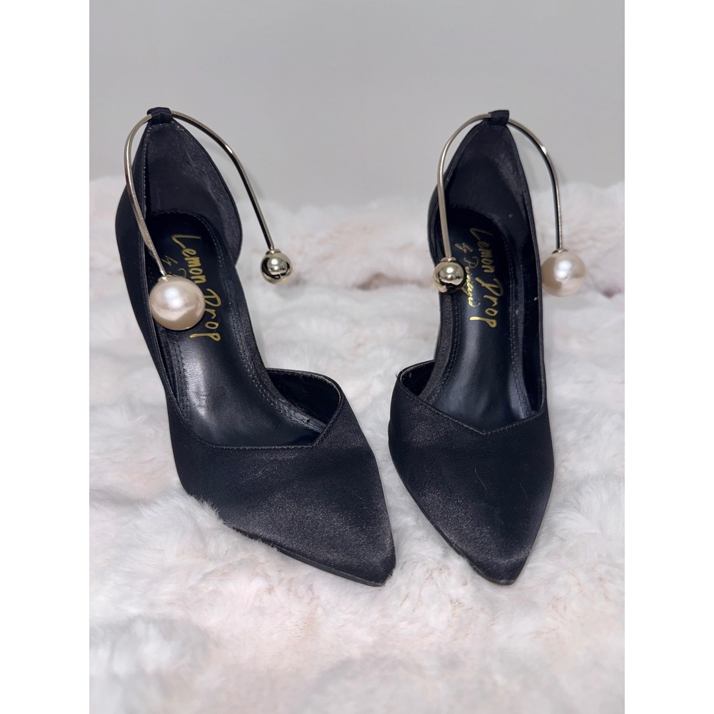Lemon Drop by Privileged Kira Black Satin Pearl Charm D'Orsay Pumps Heels 5.5